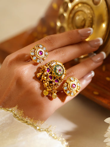 Gold Plated Kundan Ring With Bead Drop
