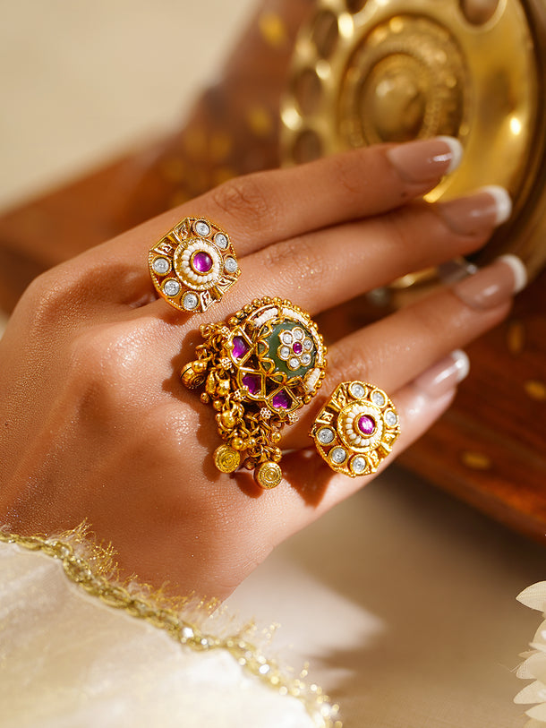 Gold Plated Kundan Ring With Bead Drop
