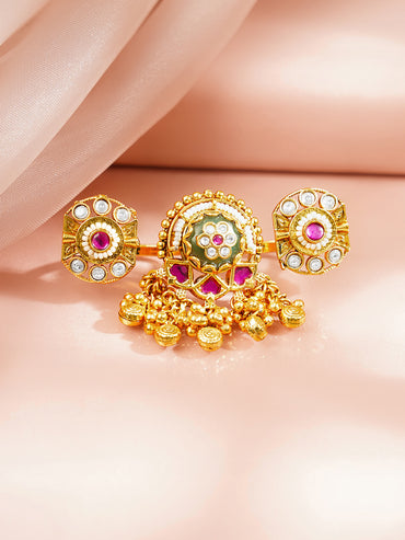 Gold Plated Kundan Ring With Bead Drop