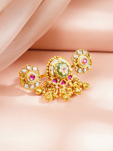 Gold Plated Kundan Ring With Bead Drop