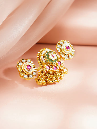 Gold Plated Kundan Ring With Bead Drop