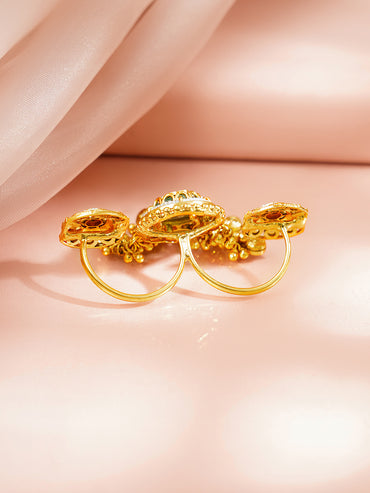 Gold Plated Kundan Ring With Bead Drop