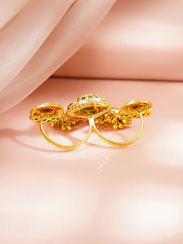 Gold Plated Kundan Ring With Bead Drop