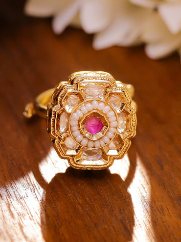 Floral Arc Kundan Pink Ring