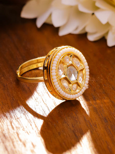 White Studded Kundan Pearl Ring