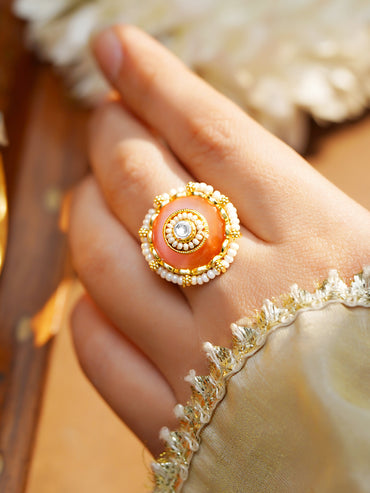 Gold Plated Orange Enamel Pearl Adjustable Ring