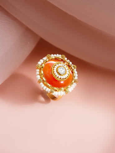 Gold Plated Orange Enamel Pearl Adjustable Ring