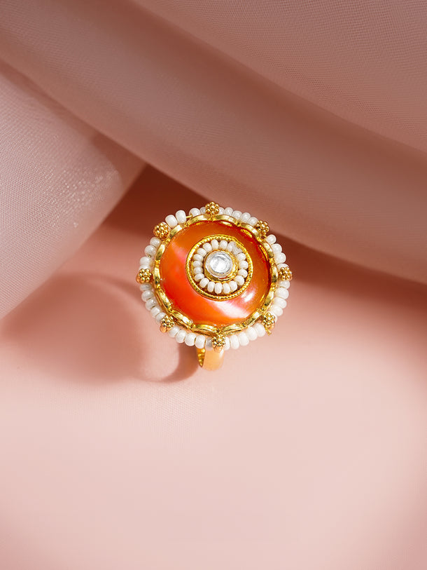Gold Plated Orange Enamel Pearl Adjustable Ring