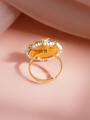Gold Plated Orange Enamel Pearl Adjustable Ring