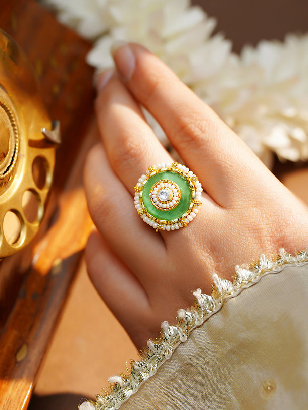 Gold Plated Green Enamel Pearl Adjustable Ring