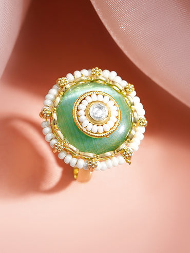 Gold Plated Green Enamel Pearl Adjustable Ring