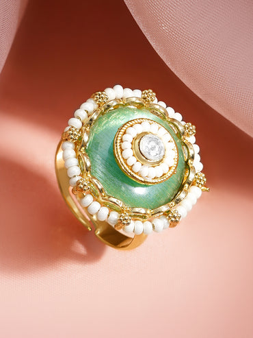 Gold Plated Green Enamel Pearl Adjustable Ring