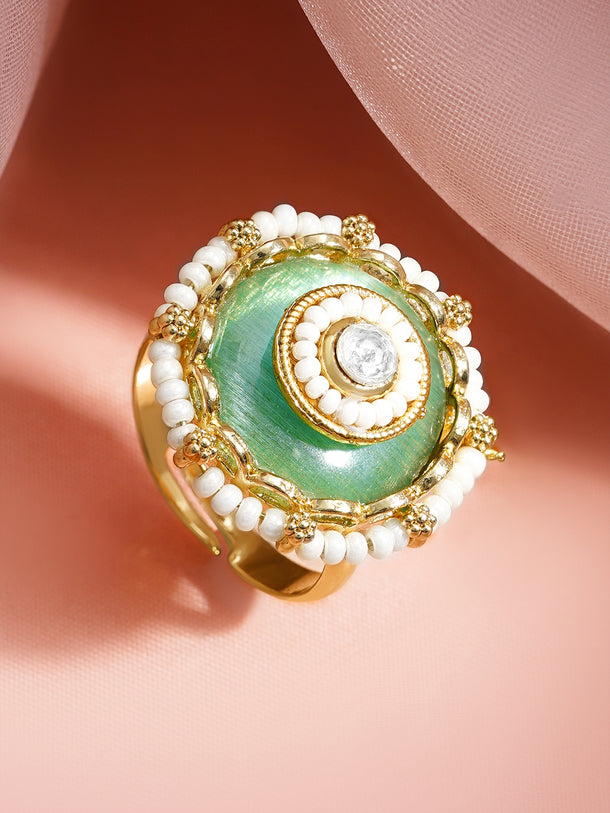 Gold Plated Green Enamel Pearl Adjustable Ring