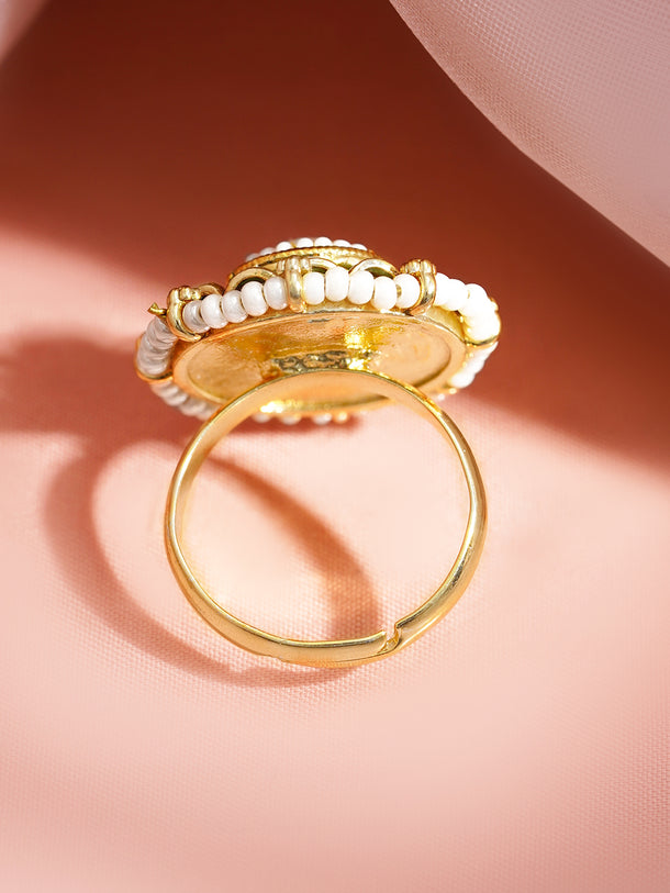 Gold Plated Green Enamel Pearl Adjustable Ring