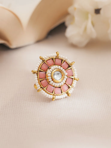 Pink Crystal Pearl Floral Statement Ring