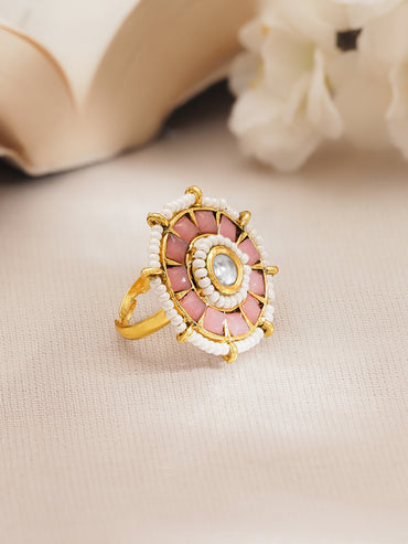 Pink Crystal Pearl Floral Statement Ring
