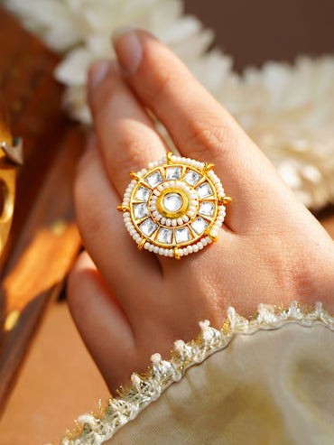 Gold Plated Kundan Pearl Adjustable Ring