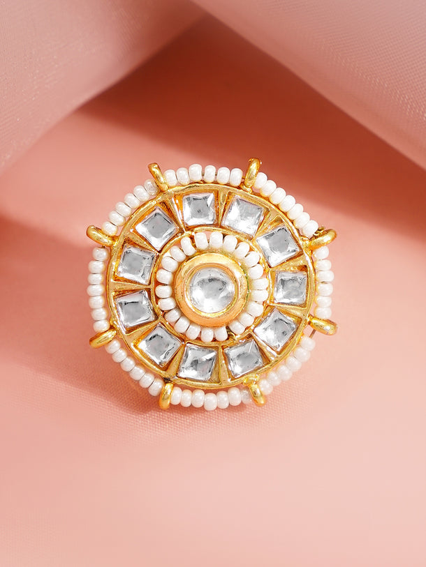 Gold Plated Kundan Pearl Adjustable Ring
