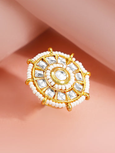 Gold Plated Kundan Pearl Adjustable Ring