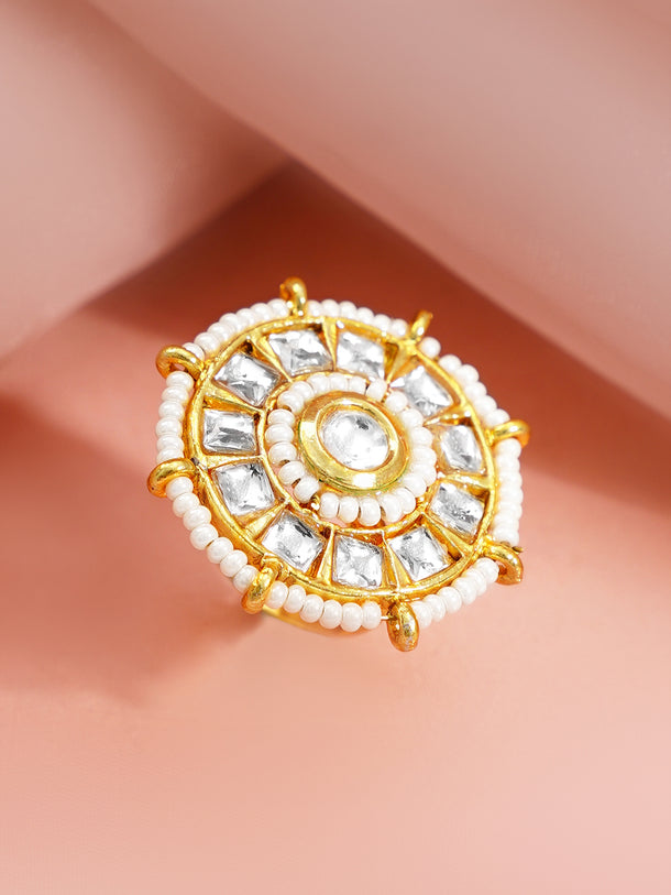Gold Plated Kundan Pearl Adjustable Ring