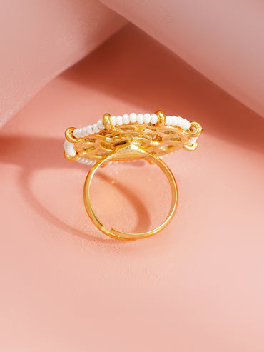 Gold Plated Kundan Pearl Adjustable Ring