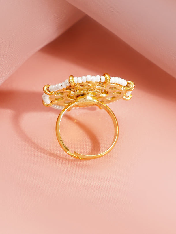 Gold Plated Kundan Pearl Adjustable Ring