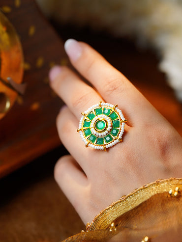 Emerald Crystal Pearl Floral Statement Ring