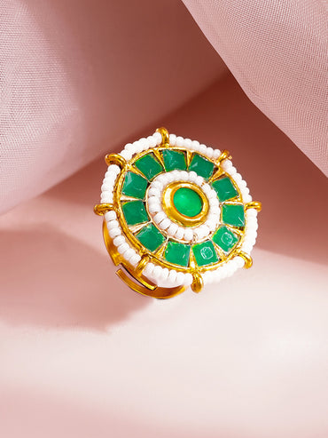 Emerald Crystal Pearl Floral Statement Ring