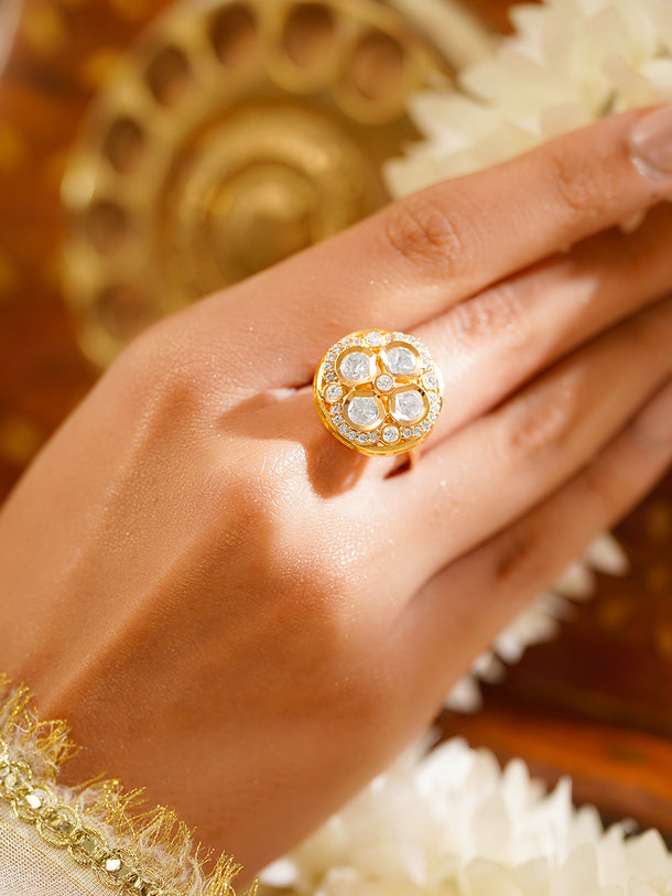 Gold Plated Kundan Halo Adjustable Ring