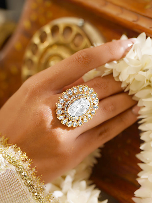 Gold Plated Oval Kundan Adjustable Ring