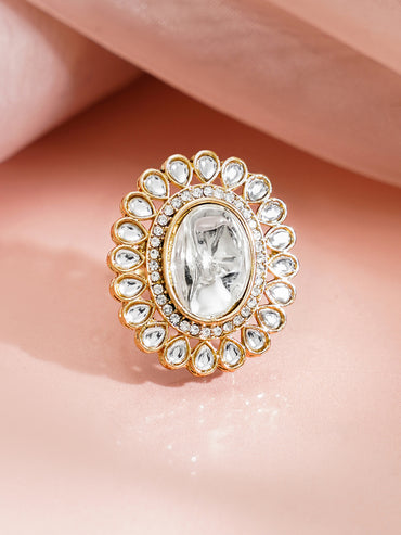 Gold Plated Oval Kundan Adjustable Ring