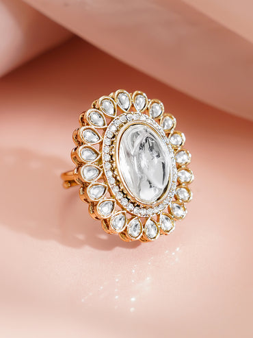 Gold Plated Oval Kundan Adjustable Ring