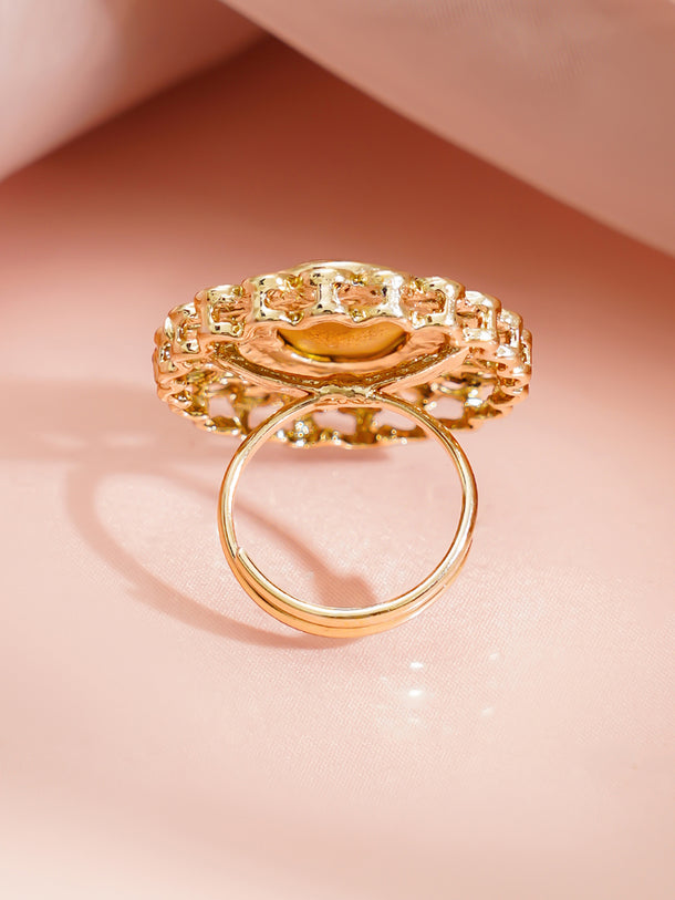 Gold Plated Oval Kundan Adjustable Ring