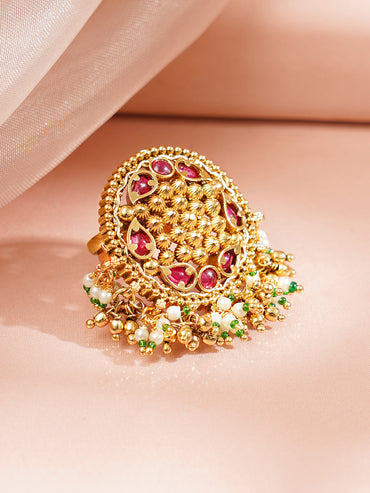 Pink Studded Pearl Beaded Gold Plated Ring