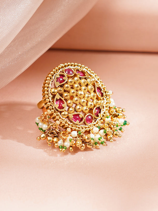 Pink Studded Pearl Beaded Gold Plated Ring
