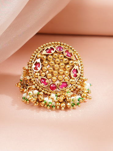 Pink Studded Pearl Beaded Gold Plated Ring
