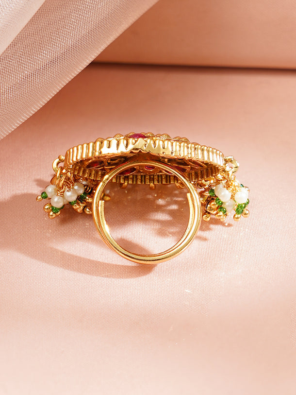 Pink Studded Pearl Beaded Gold Plated Ring