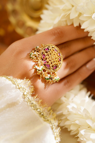 Pink Studded Pearl Beaded Gold Plated Ring