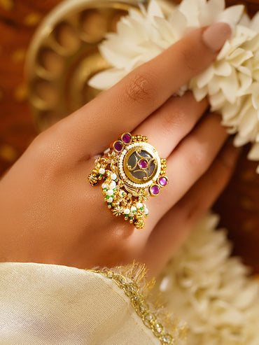 Gold Plated Pearl Beaded Kundan Ring