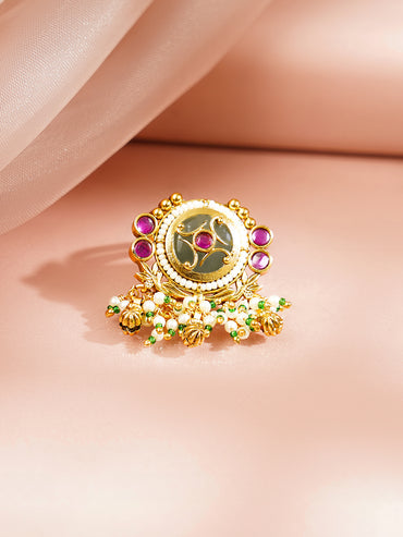 Gold Plated Pearl Beaded Kundan Ring