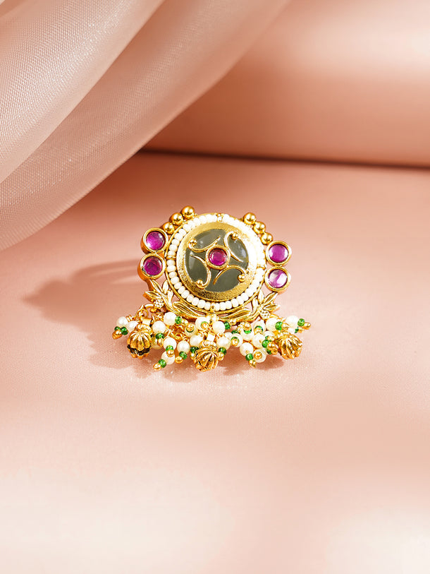 Gold Plated Pearl Beaded Kundan Ring