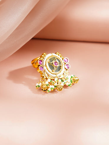 Gold Plated Pearl Beaded Kundan Ring