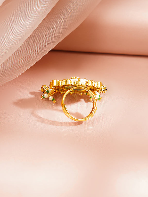 Gold Plated Pearl Beaded Kundan Ring