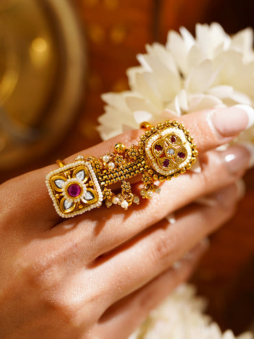 Gold Plated Pearl Beaded Kundan Ring