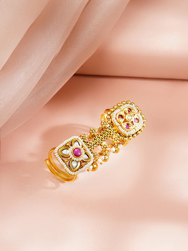 Gold Plated Pearl Beaded Kundan Ring