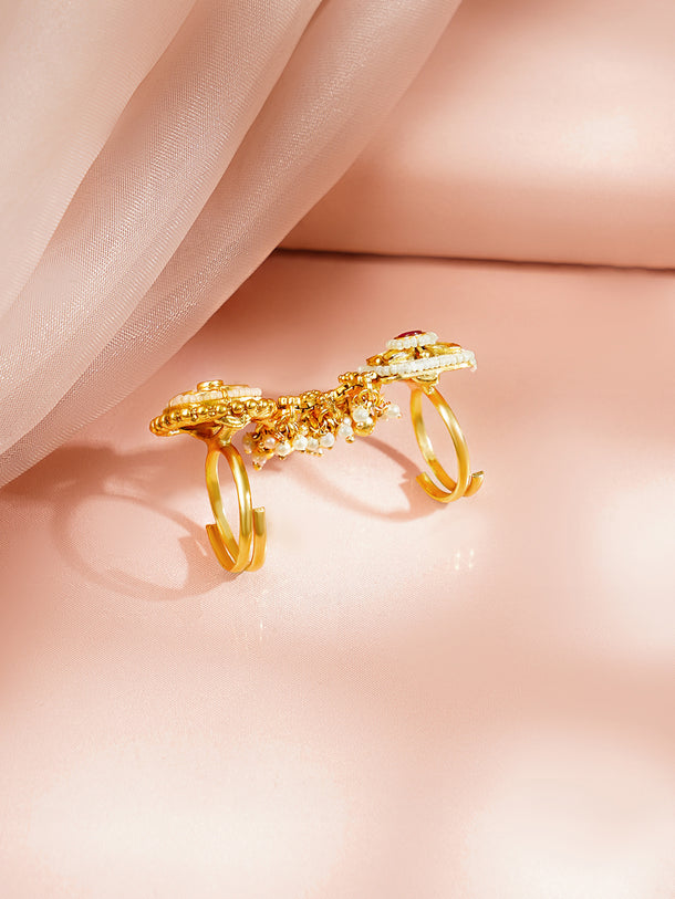 Gold Plated Pearl Beaded Kundan Ring