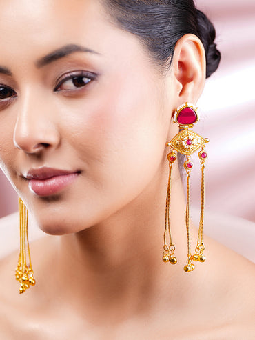 Gold-Plated Ruby Kashmiri Chain Dangler Earrings