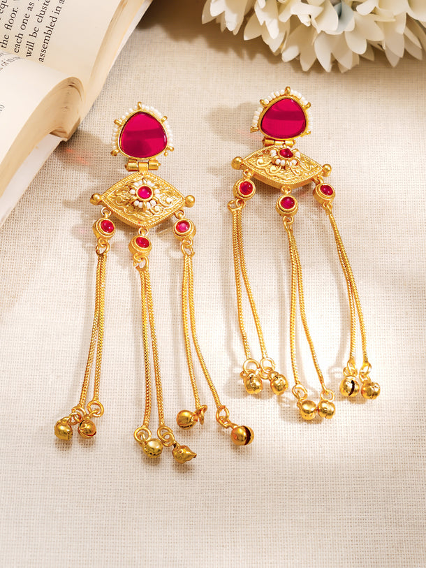Gold-Plated Ruby Kashmiri Chain Dangler Earrings