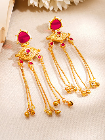 Gold-Plated Ruby Kashmiri Chain Dangler Earrings