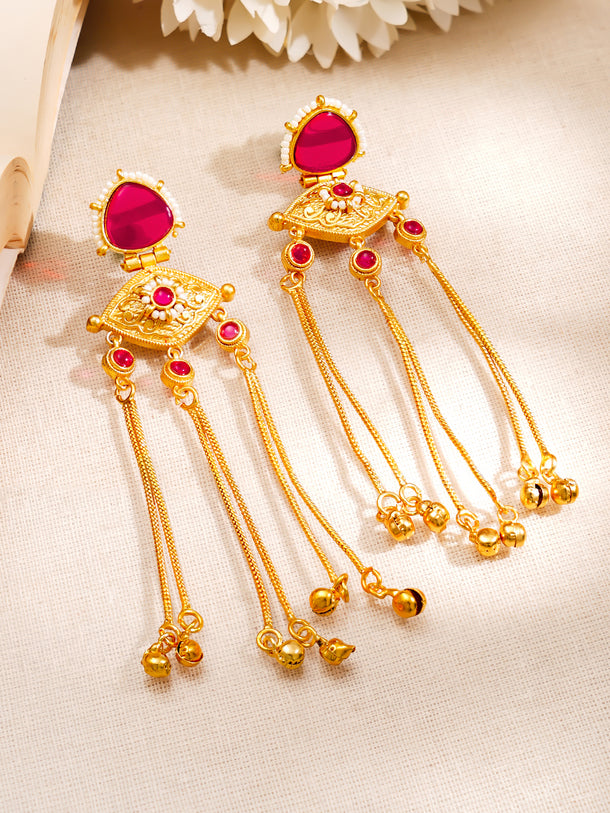 Gold-Plated Ruby Kashmiri Chain Dangler Earrings